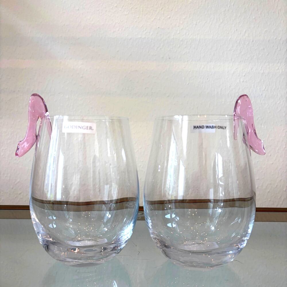 Godinger Pink Runway High Heel Stemless Wine Glass Set of 2 Chic Barware NEW